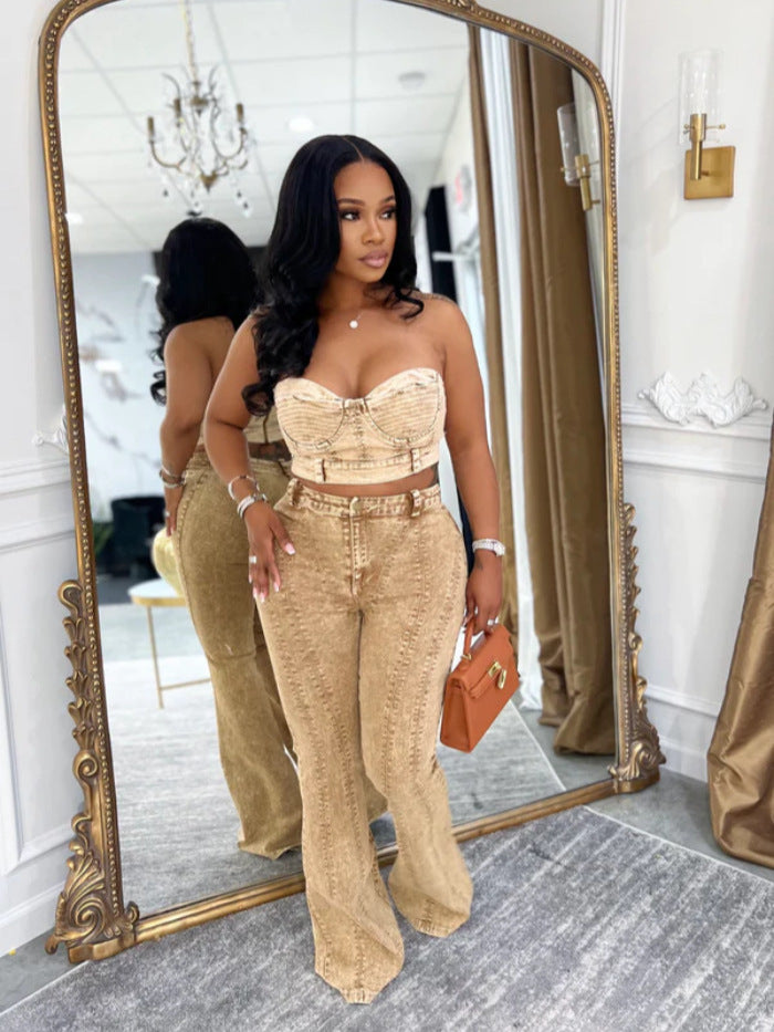Tube Top Elastic Washed Denim Pants Suit