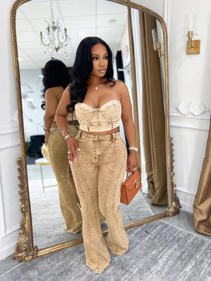 Tube Top Elastic Washed Denim Pants Suit