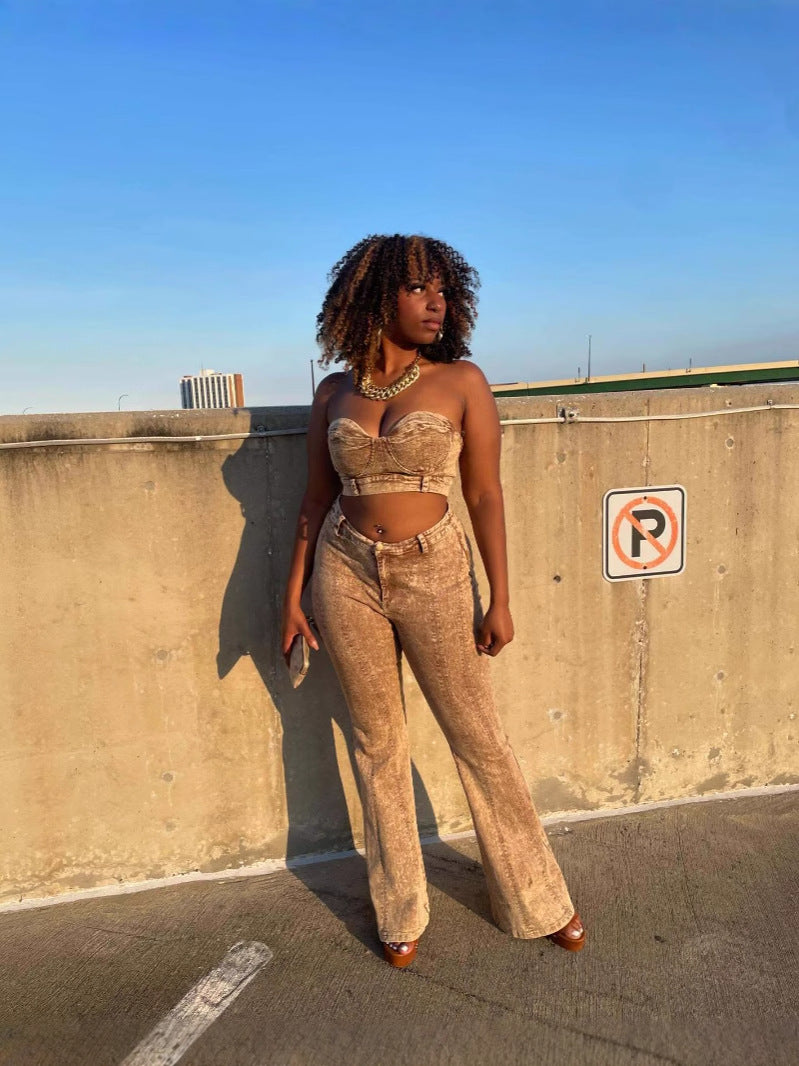 Tube Top Elastic Washed Denim Pants Suit