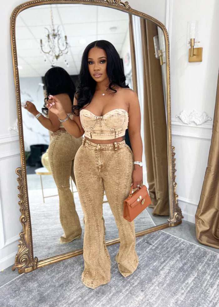 Tube Top Elastic Washed Denim Pants Suit