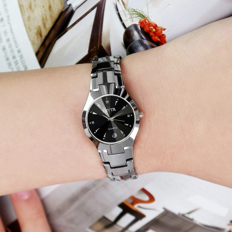 Tungsten steel colored quartz calendar watch