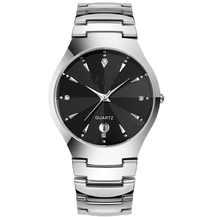 Tungsten steel colored quartz calendar watch
