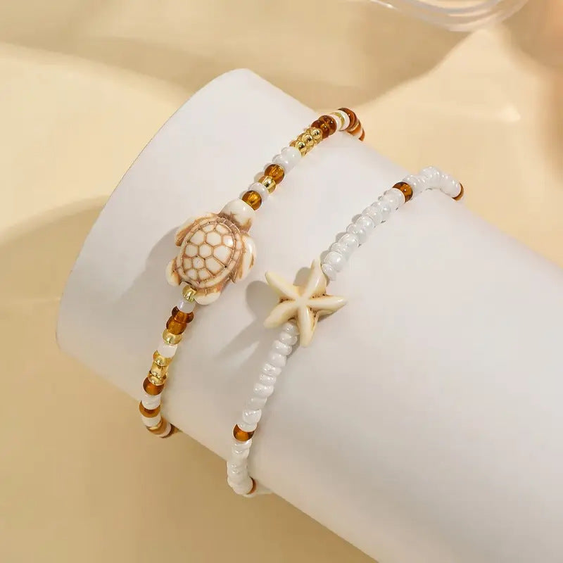 Turquoise Starfish Turtle Bead Anklet
