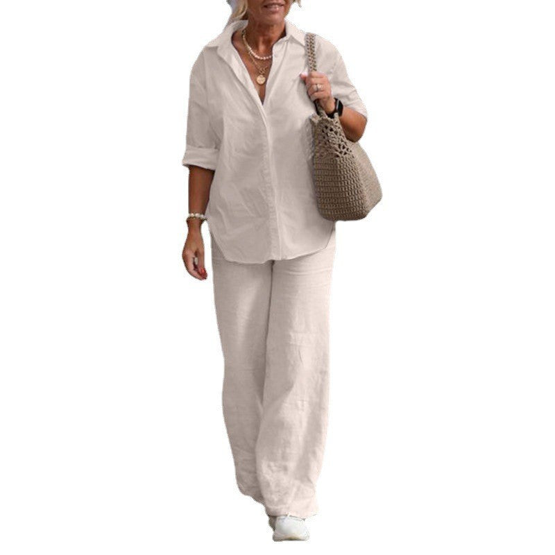 Two-piece blouse wide leg pants suit