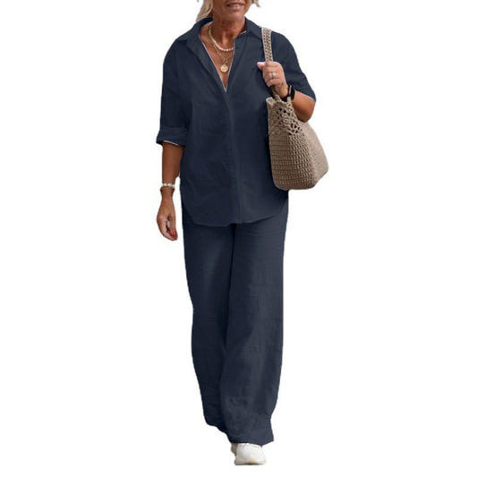 Two-piece blouse wide leg pants suit