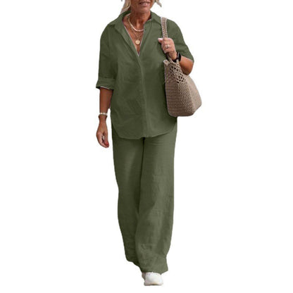 Two-piece blouse wide leg pants suit