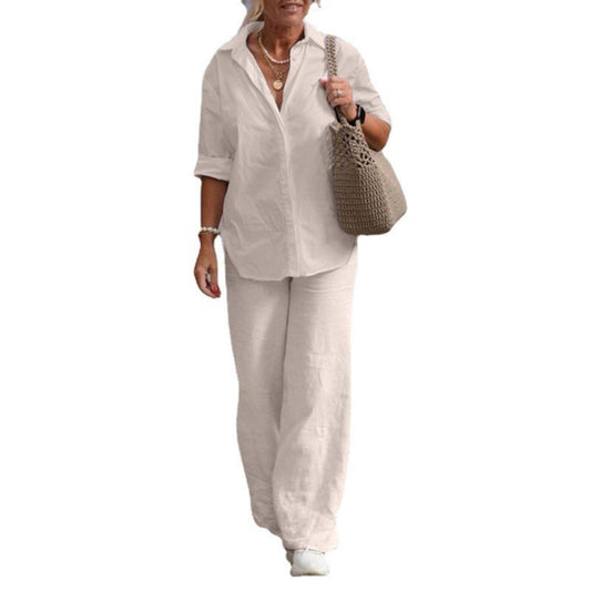 Two-piece blouse wide leg pants suit