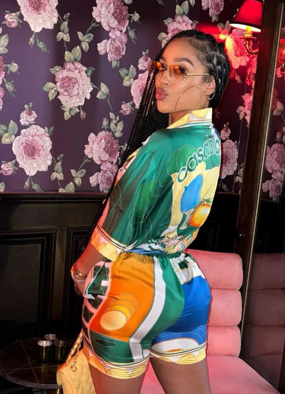 Two-piece set of letter-printed image shirt and shorts