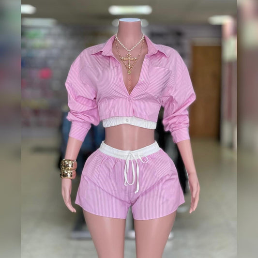 Two-piece solid-color Oxford patchwork shirt set