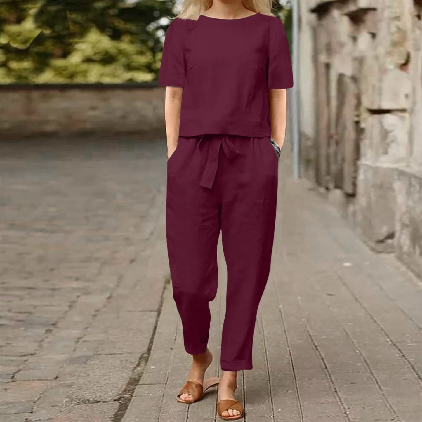 Two retro sets of half-sleeved wide-leg pants