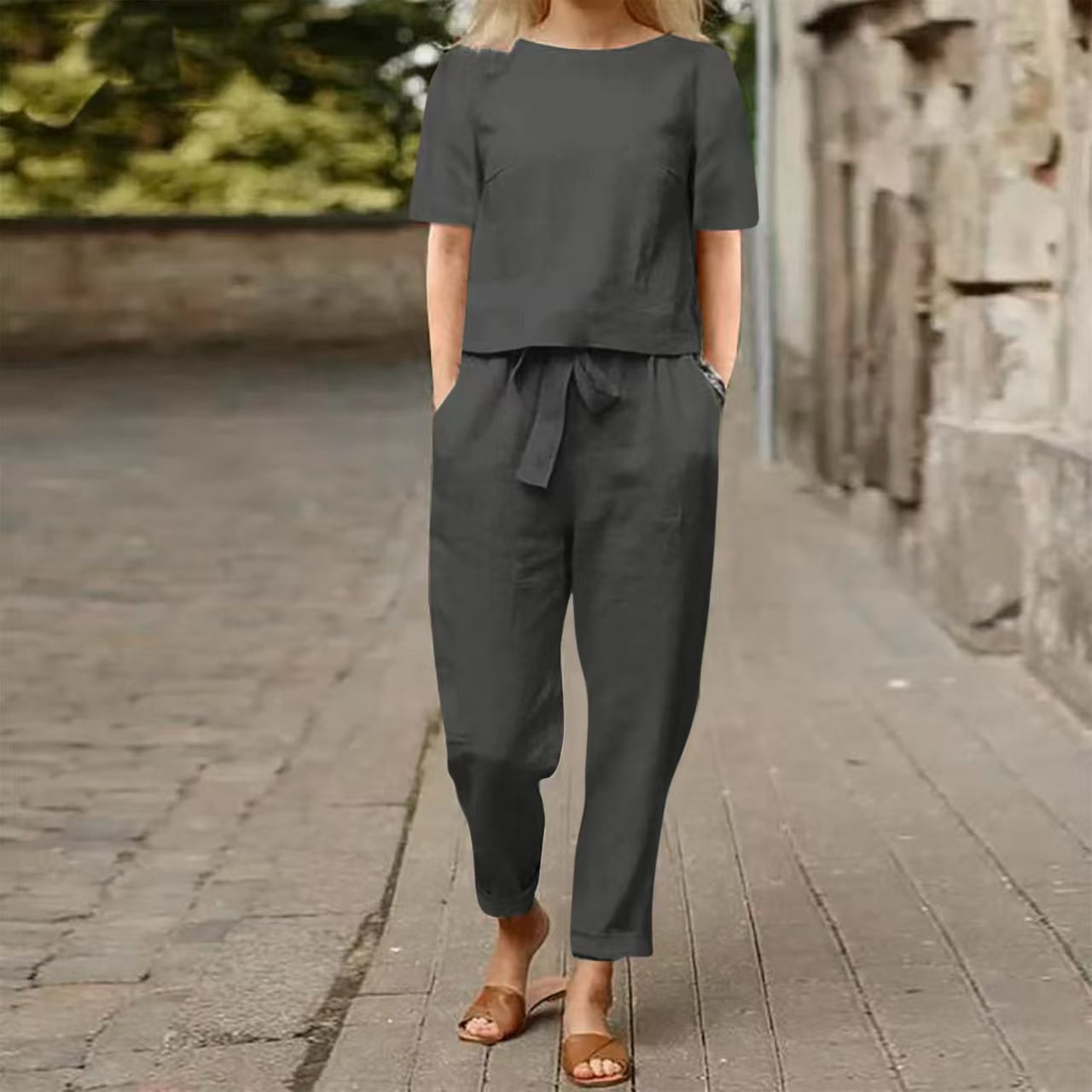 Two retro sets of half-sleeved wide-leg pants