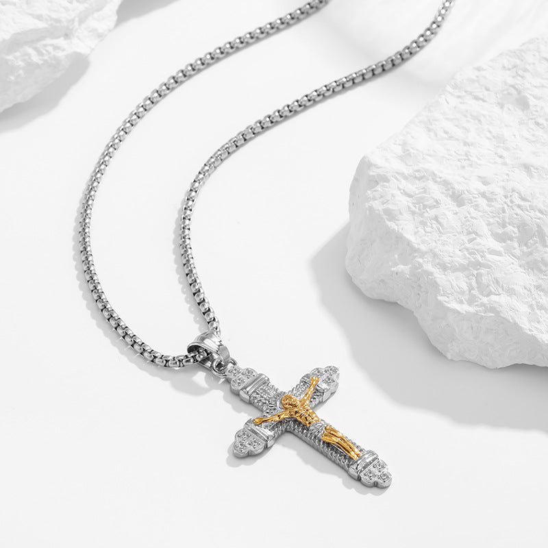 Two-Tone Diamond Cross Pendant Necklace