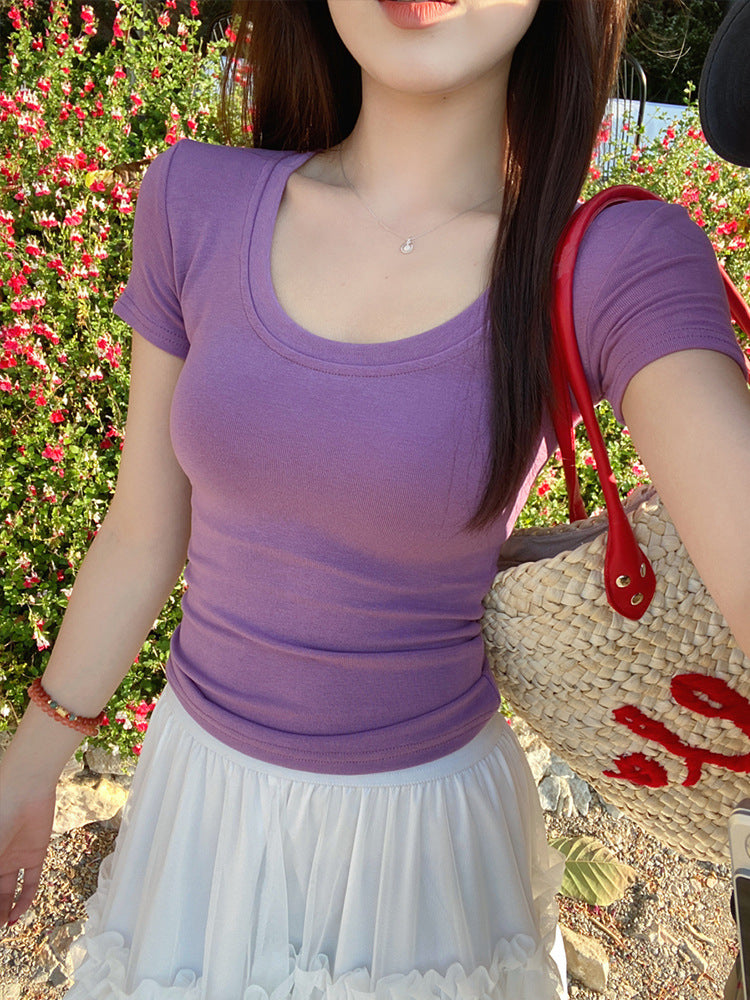 U Collar Shoulder Short-sleeved T-shirt Women's