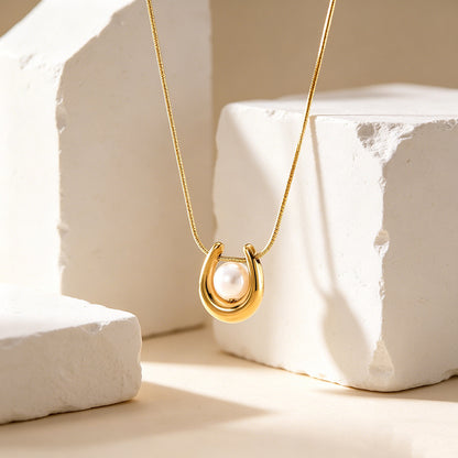 U-Shaped Pearl Pendant Titanium Steel Necklace
