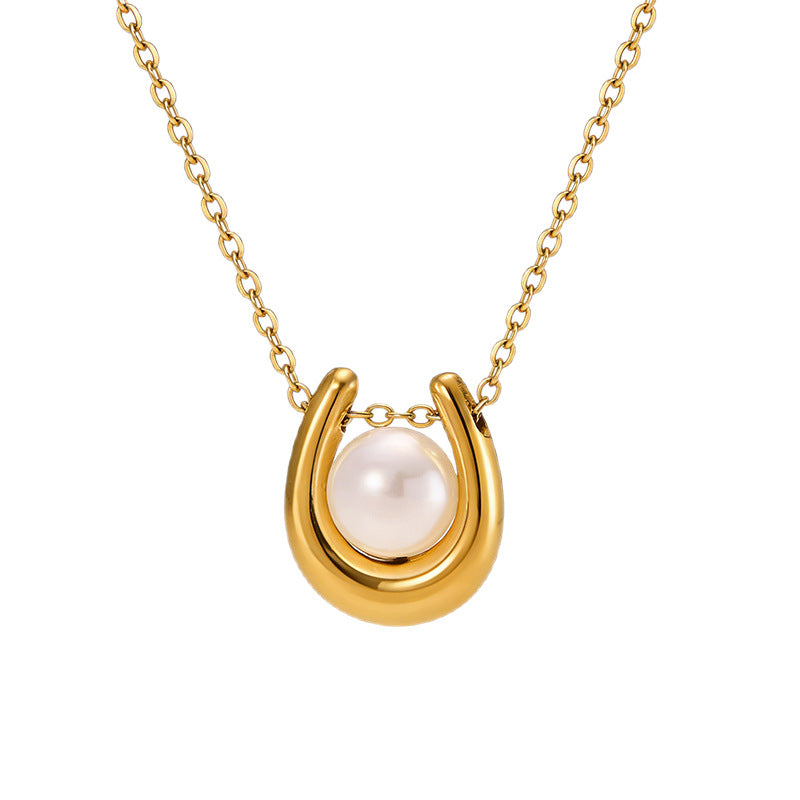 U-Shaped Pearl Pendant Titanium Steel Necklace