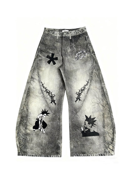 Unisex Dirty-Dye 3D Printed Wide-Leg Denim Pants