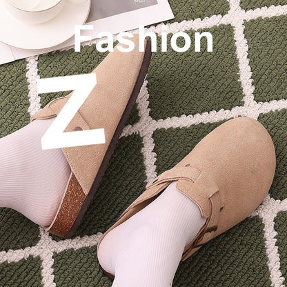 Unisex Leather Open-Toe Slippers with Cork Sole