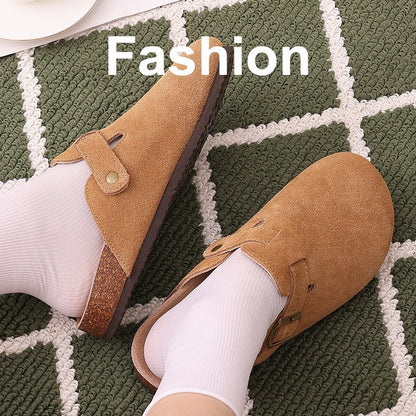 Unisex Leather Open-Toe Slippers with Cork Sole