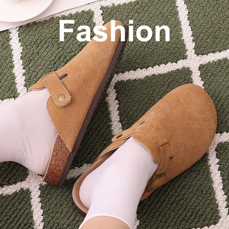 Unisex Leather Open-Toe Slippers with Cork Sole