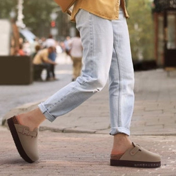 Unisex Leather Open-Toe Slippers with Cork Sole