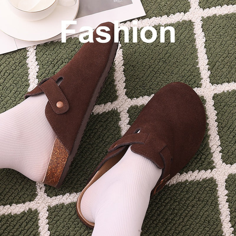 Unisex Leather Open-Toe Slippers with Cork Sole