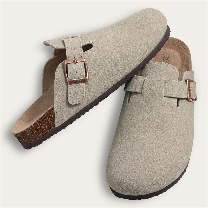 Unisex Leather Open-Toe Slippers with Cork Sole