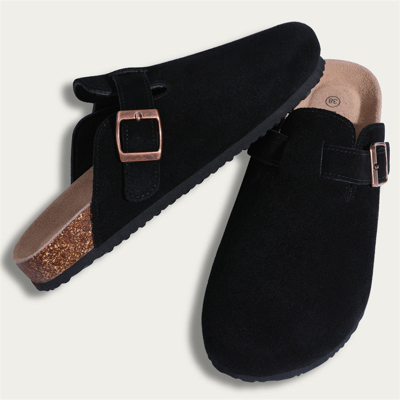 Unisex Leather Open-Toe Slippers with Cork Sole