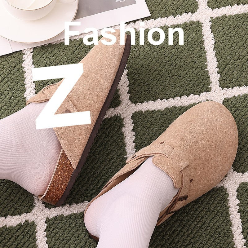Unisex Leather Open-Toe Slippers with Cork Sole