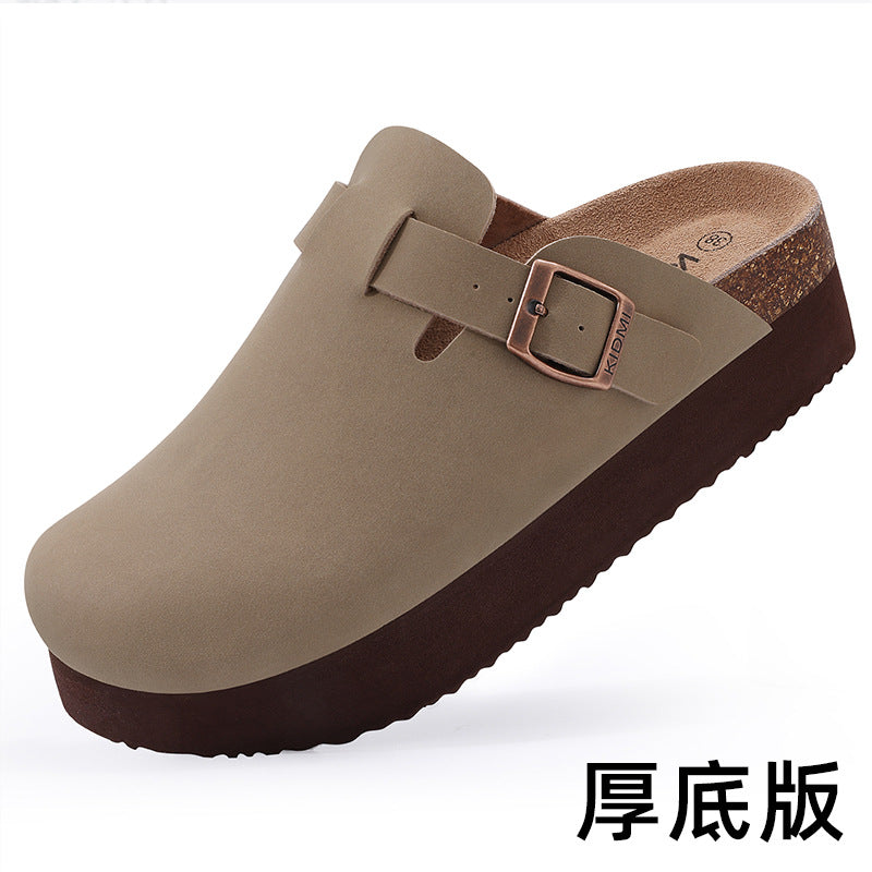 Unisex Leather Open-Toe Slippers with Cork Sole