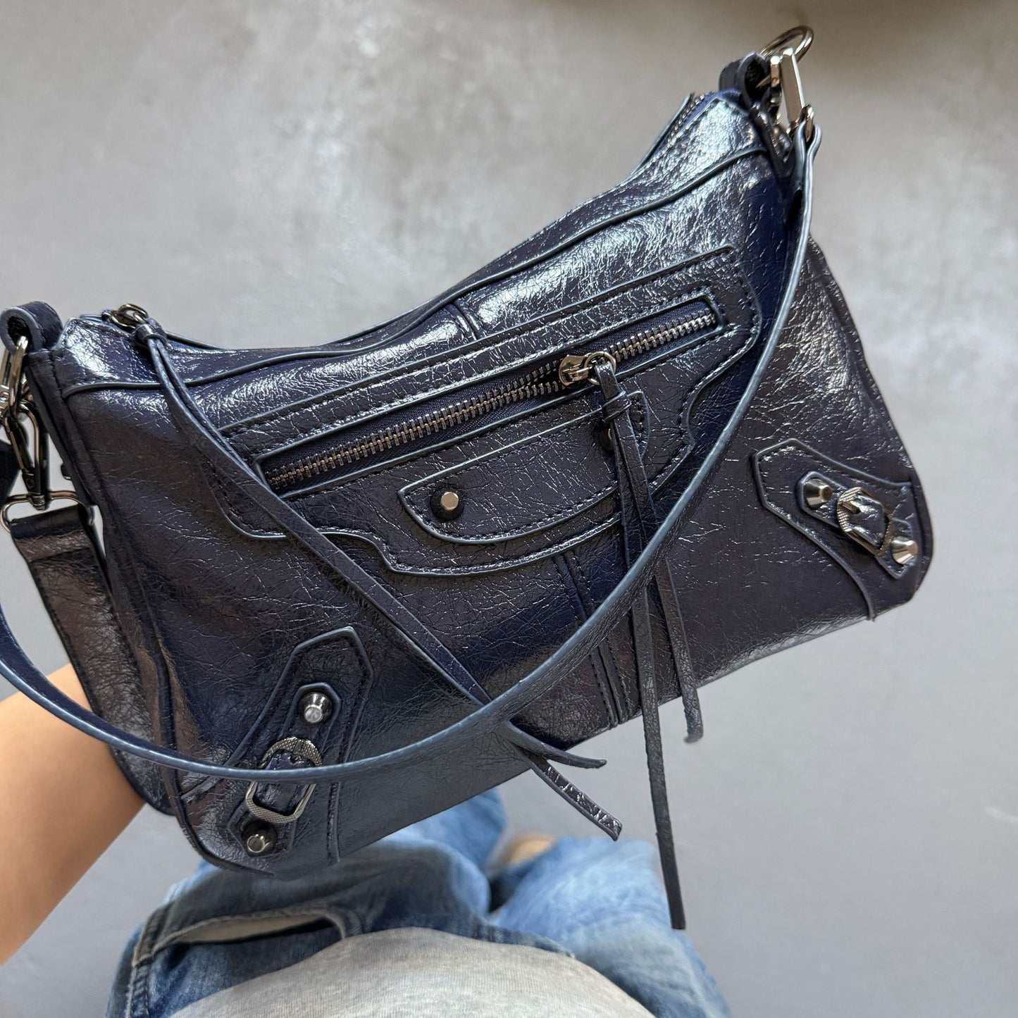 Unisex Moto Shoulder Bag with Rivets