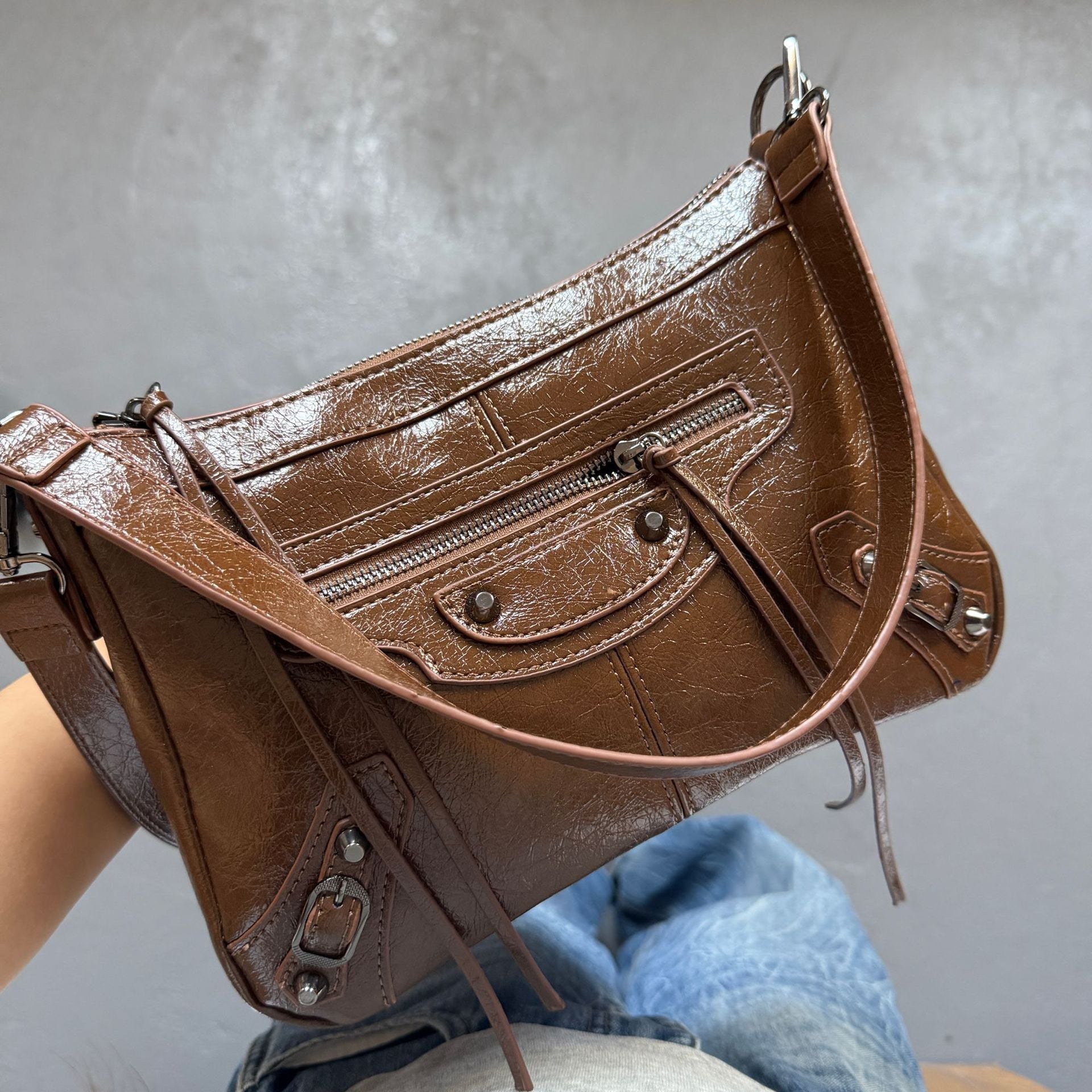 Unisex Moto Shoulder Bag with Rivets