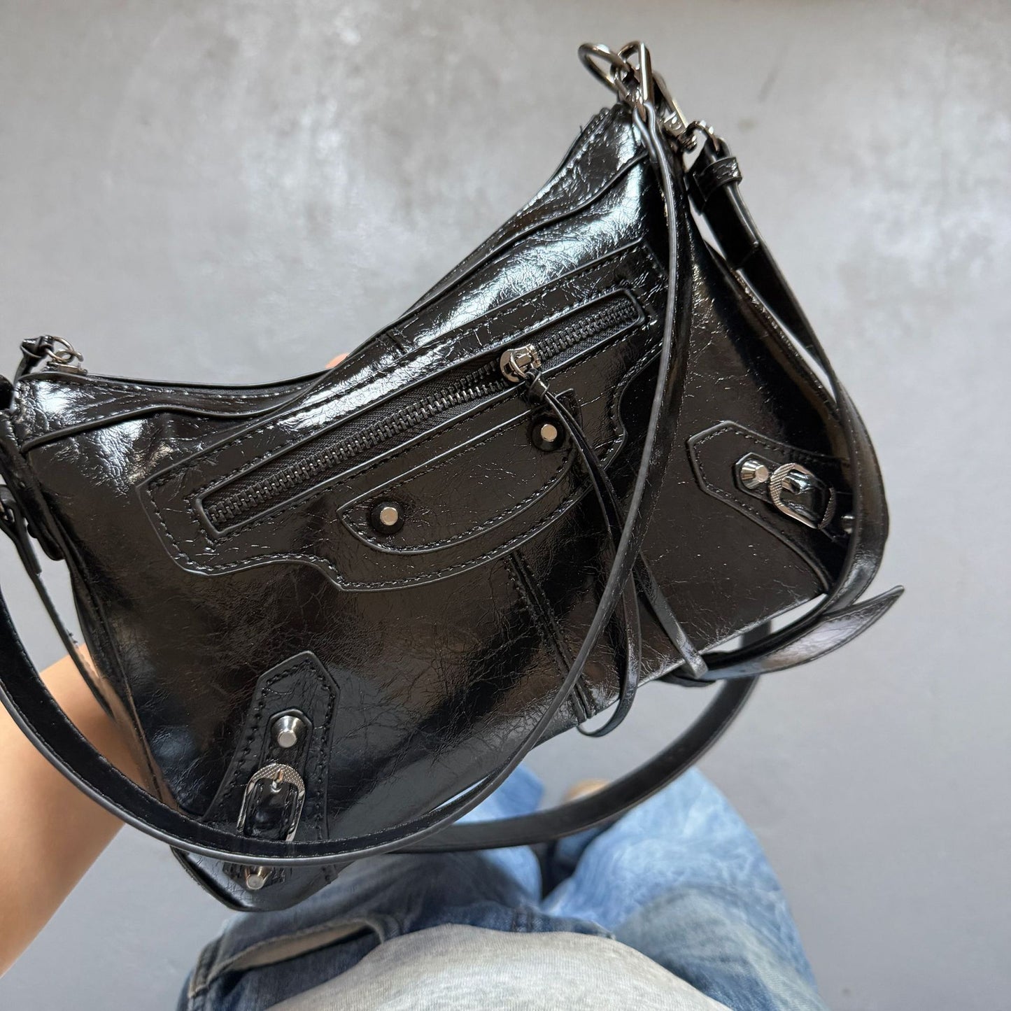 Unisex Moto Shoulder Bag with Rivets
