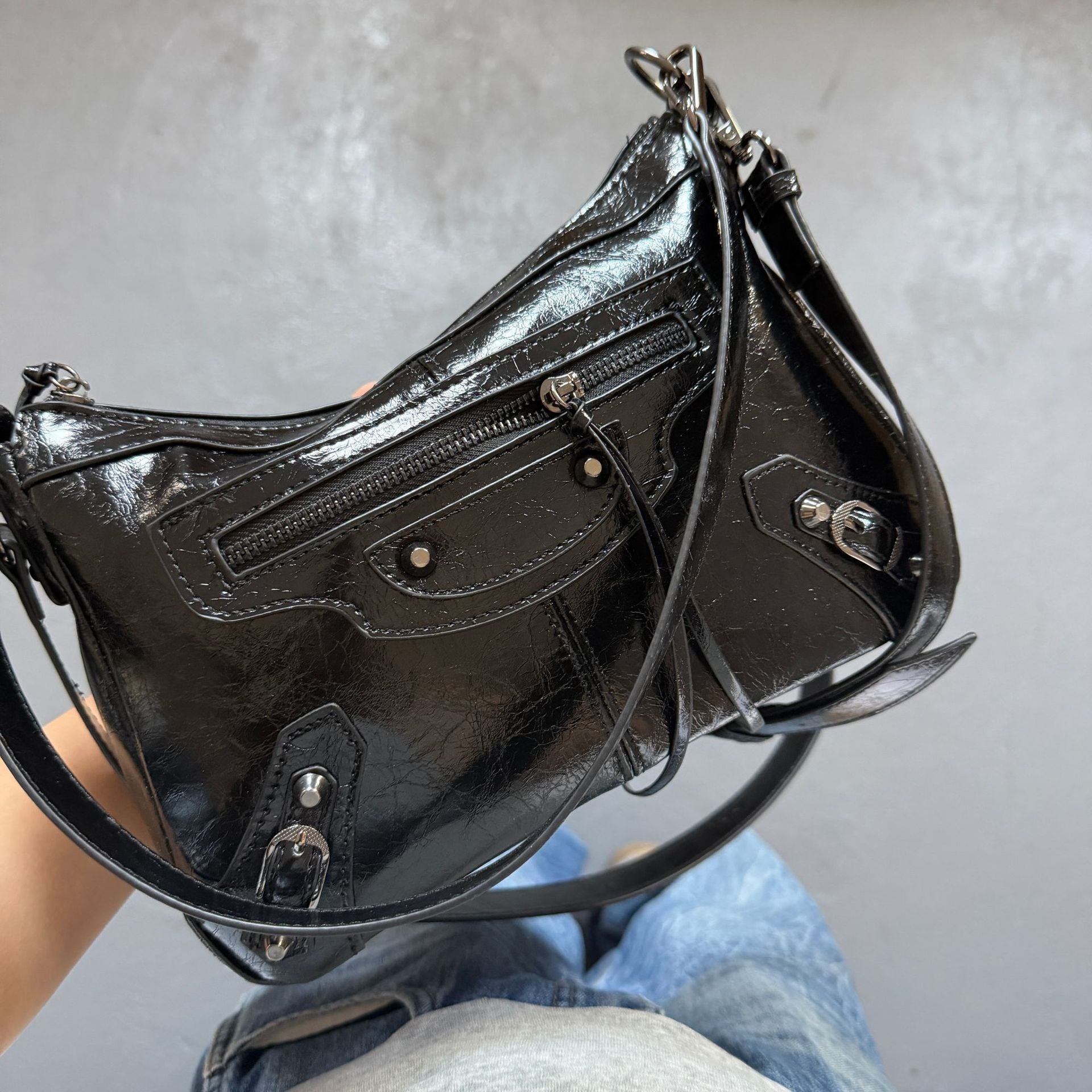 Unisex Moto Shoulder Bag with Rivets