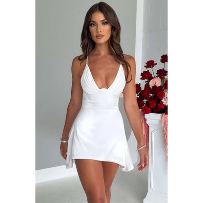V-neck backless solid-color bandeau dress
