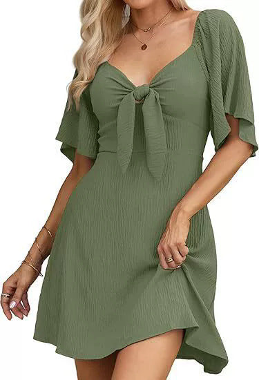 V-neck Bow Tie Short Sleeve Mini Dress