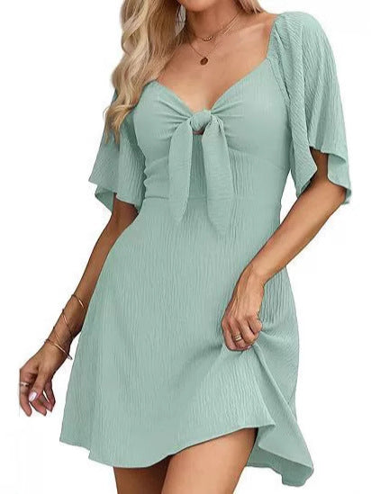 V-neck Bow Tie Short Sleeve Mini Dress