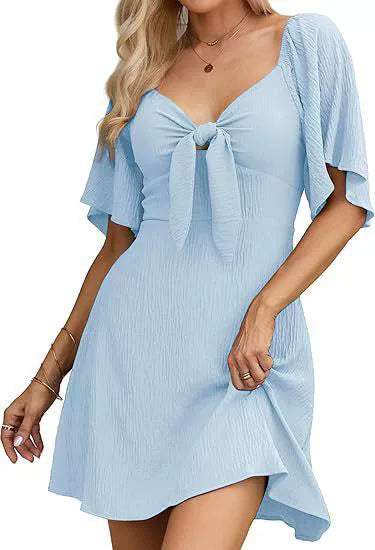 V-neck Bow Tie Short Sleeve Mini Dress