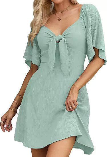 V-neck Bow Tie Short Sleeve Mini Dress