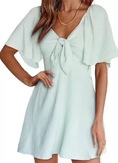 V-neck Bow Tie Short Sleeve Mini Dress