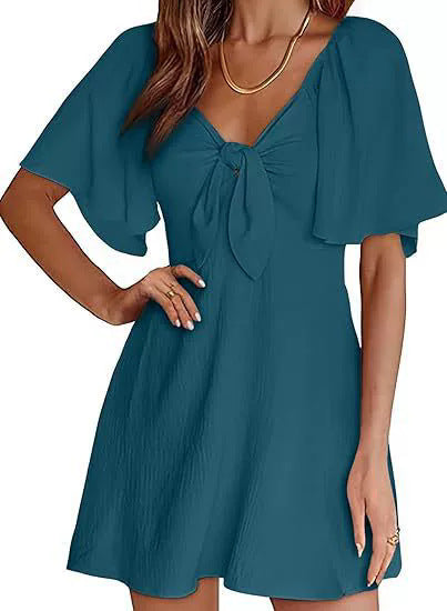 V-neck Bow Tie Short Sleeve Mini Dress