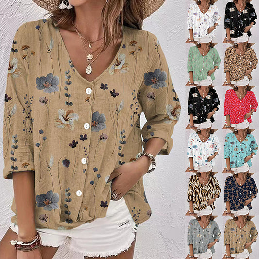 V-neck button chiffon printed cardigan long sleeve