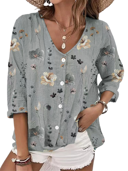 V-neck button chiffon printed cardigan long sleeve