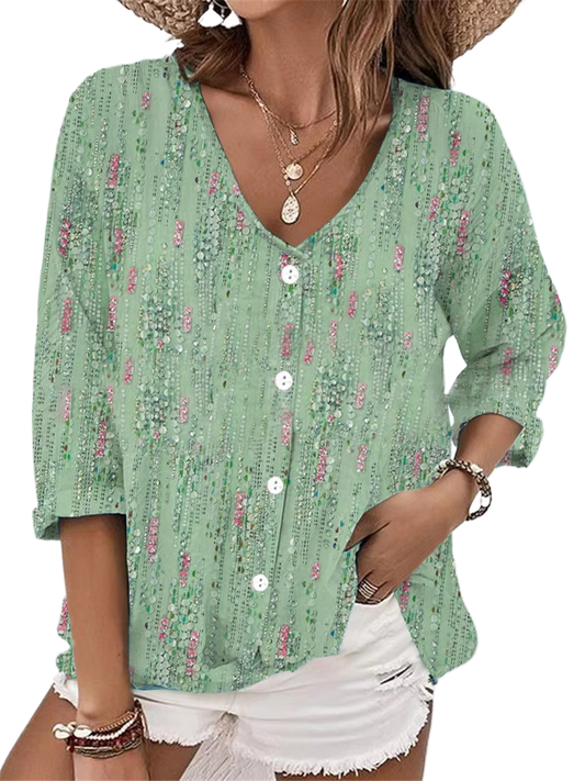 V-neck button chiffon printed cardigan long sleeve