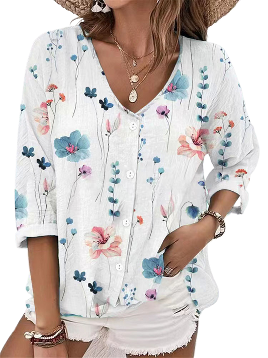 V-neck button chiffon printed cardigan long sleeve
