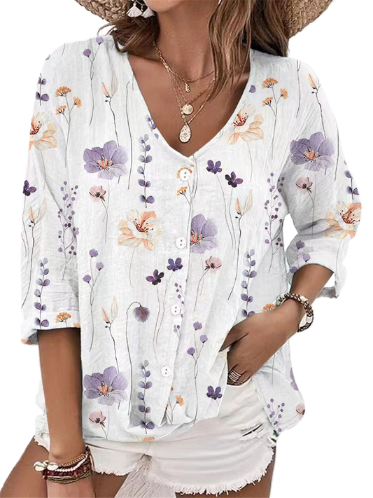 V-neck button chiffon printed cardigan long sleeve