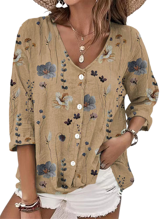 V-neck button chiffon printed cardigan long sleeve