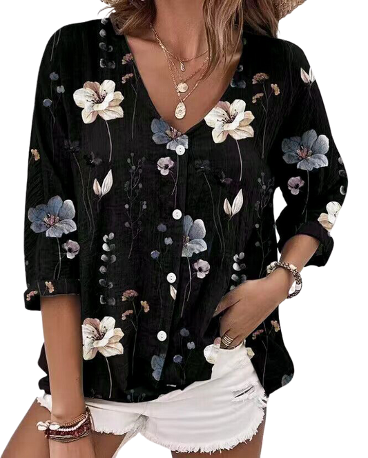 V-neck button chiffon printed cardigan long sleeve