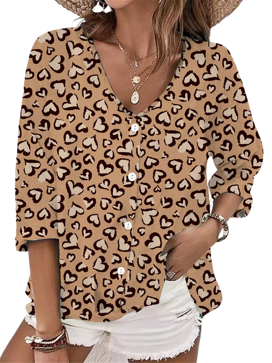V-neck button chiffon printed cardigan long sleeve