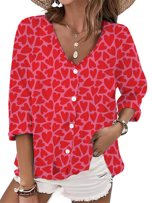 V-neck button chiffon printed cardigan long sleeve