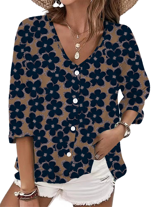 V-neck button chiffon printed cardigan long sleeve